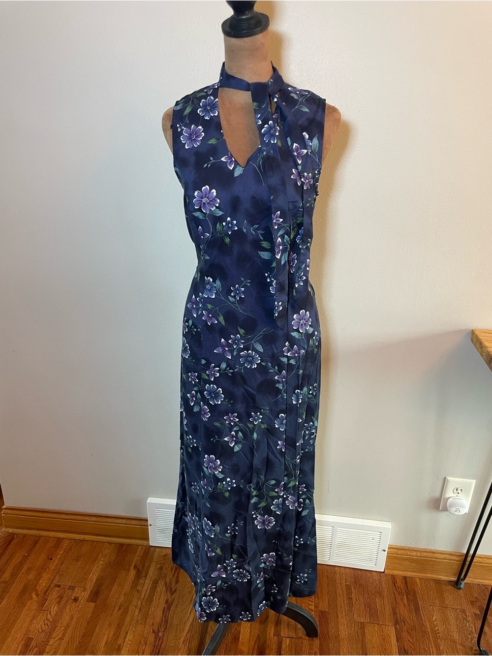 Vintage 90’s Basic Editions Maxi Dress with Purple Floral Print and Neck Tie